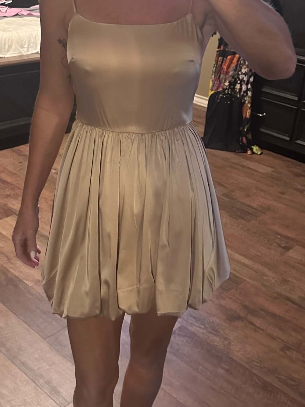 Satin Mini Dress with Pleated Bubble Skirt - Champagne